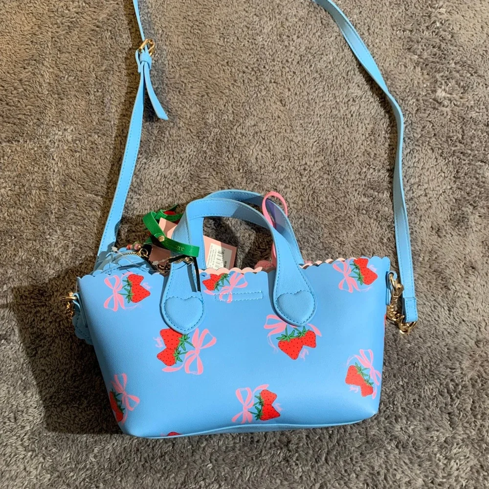 Juicy Couture Strawberry Bow Satchel Blue Crossbody Bag with Coin Purse New